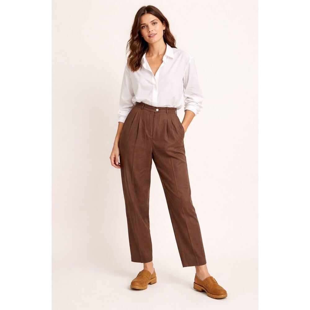 Rafaella Chocolate Brown High-Rise Pleated Trousers
